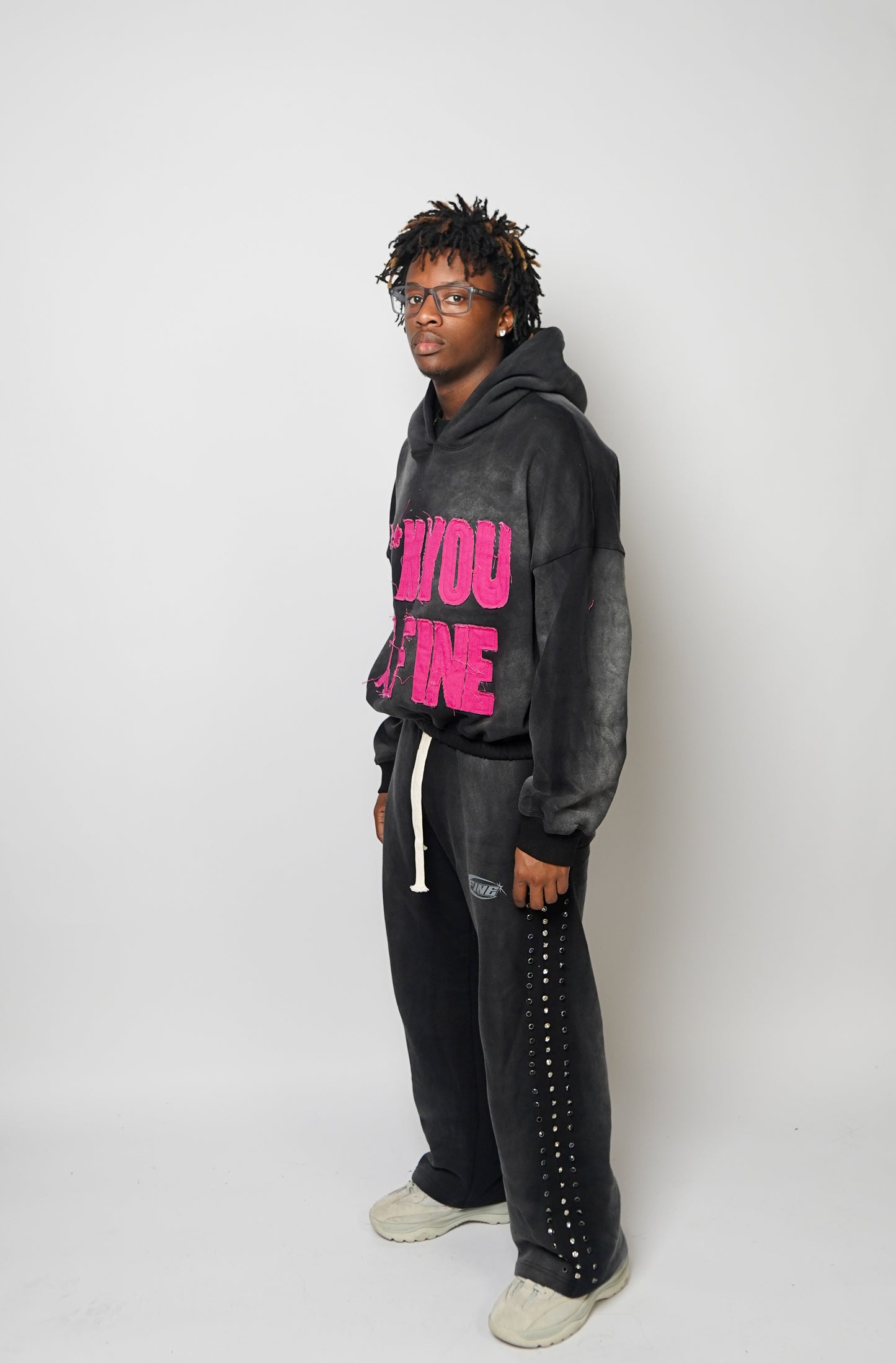 BLACK "FINE SHYT" RHINESTONE SWEATPANTS