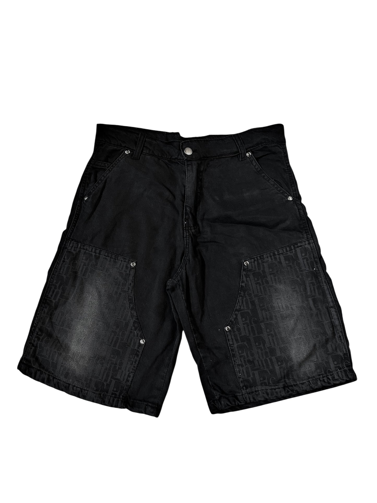 Black "Fine" Monogram Printed Denim Shorts