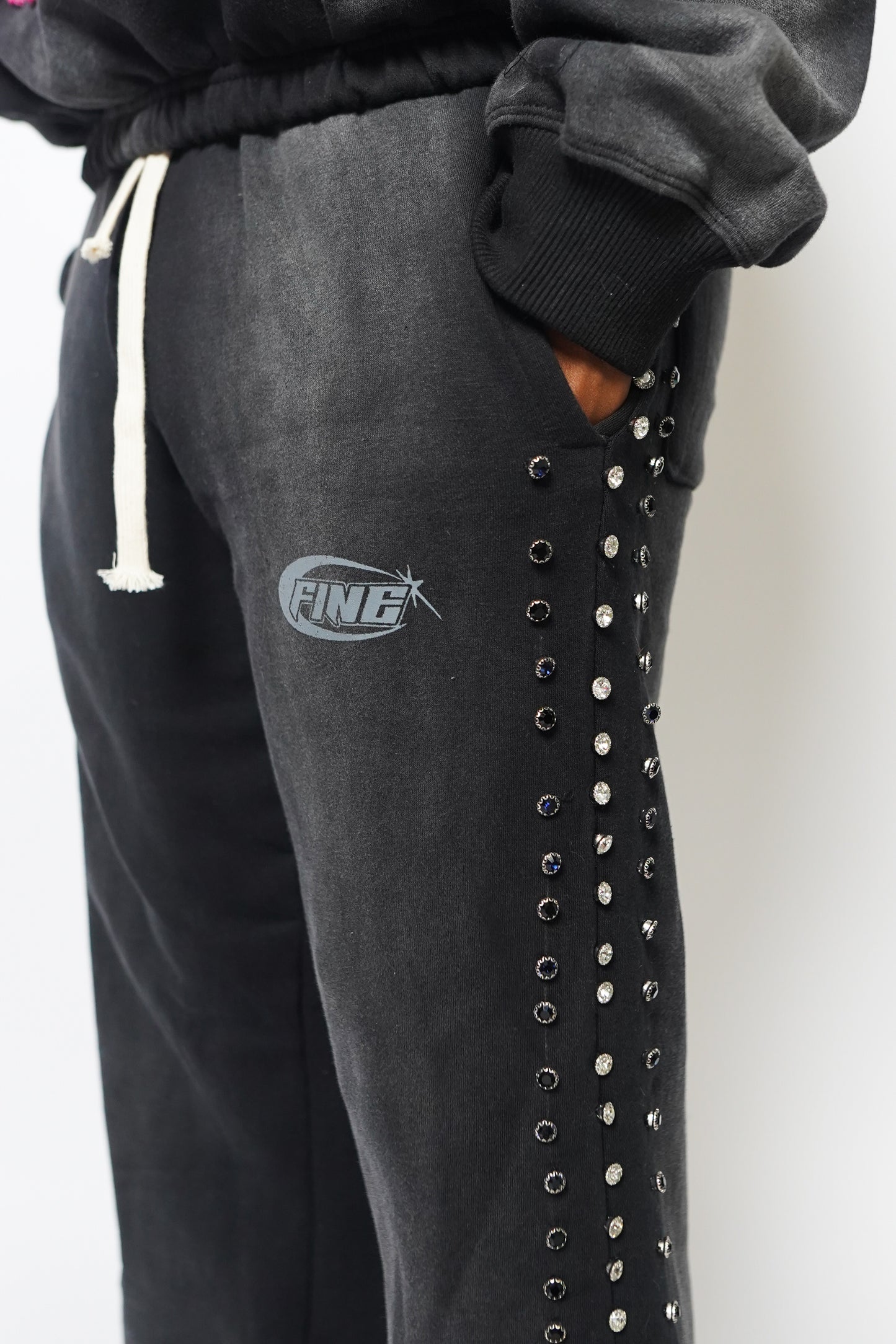 BLACK "FINE SHYT" RHINESTONE SWEATPANTS