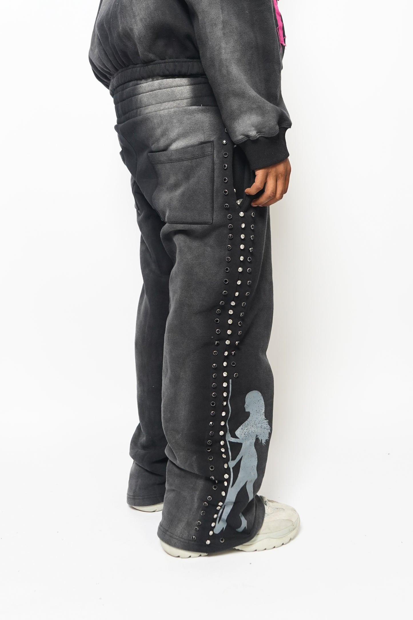 BLACK "FINE SHYT" RHINESTONE SWEATPANTS