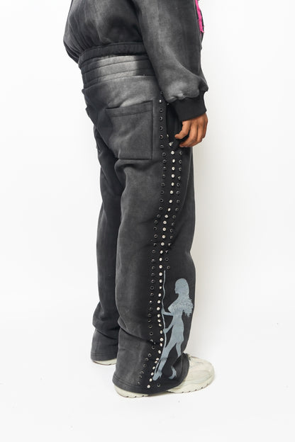 BLACK "FINE SHYT" RHINESTONE SWEATPANTS