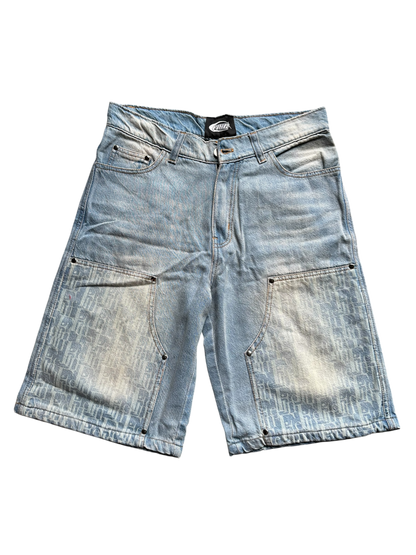 "Fine" Monogram Printed Denim Shorts