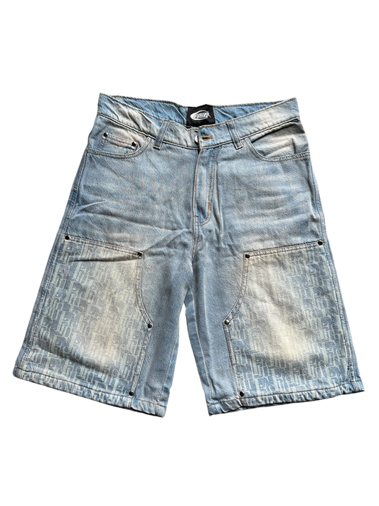 "Fine" Monogram Printed Denim Shorts
