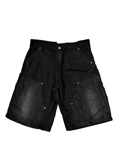 Black "Fine" Monogram Printed Denim Shorts