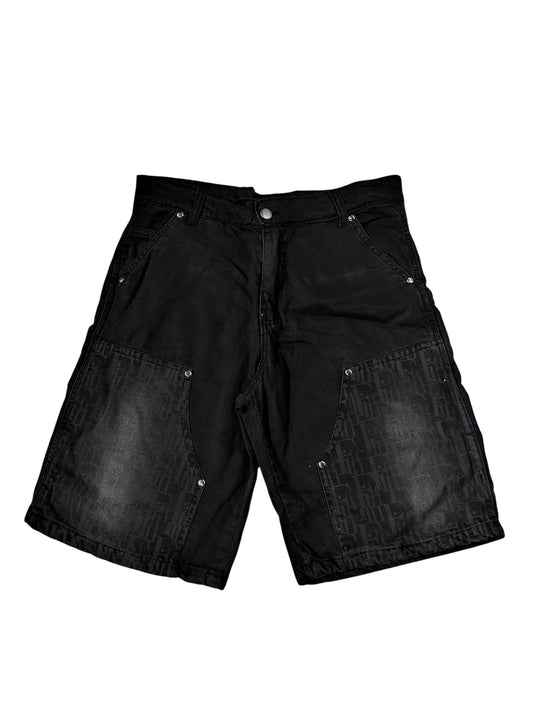Black "Fine" Monogram Printed Denim Shorts