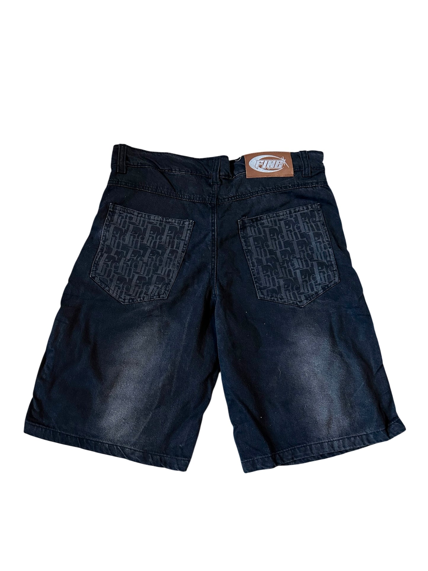 Black "Fine" Monogram Printed Denim Shorts
