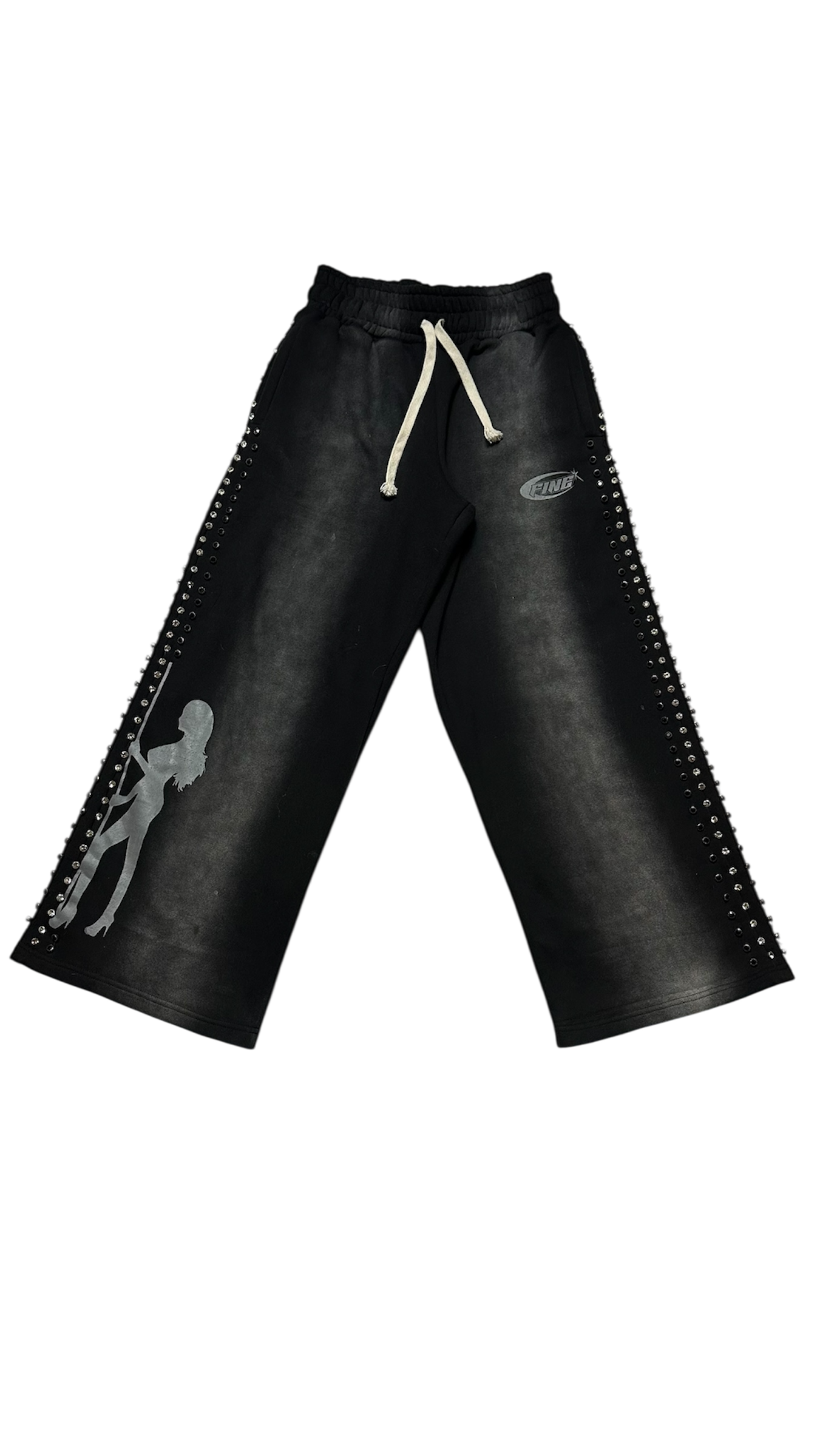 BLACK "FINE SHYT" RHINESTONE SWEATPANTS