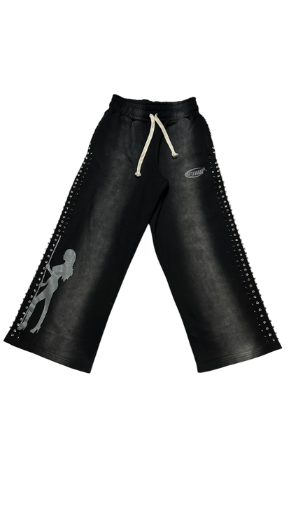 BLACK "FINE SHYT" RHINESTONE SWEATPANTS